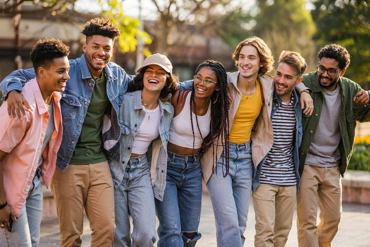 A diverse group of smiling adults walking side by side with their arms around each other outdoors.